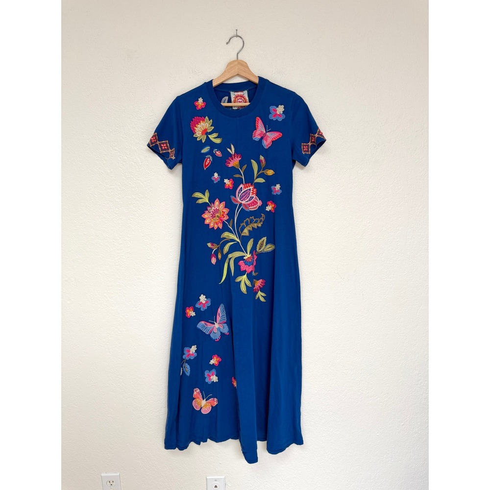 Johnny Was Gracey Crew Neck Swing Dress Royal Blue Embroidered Floral Midi XS
